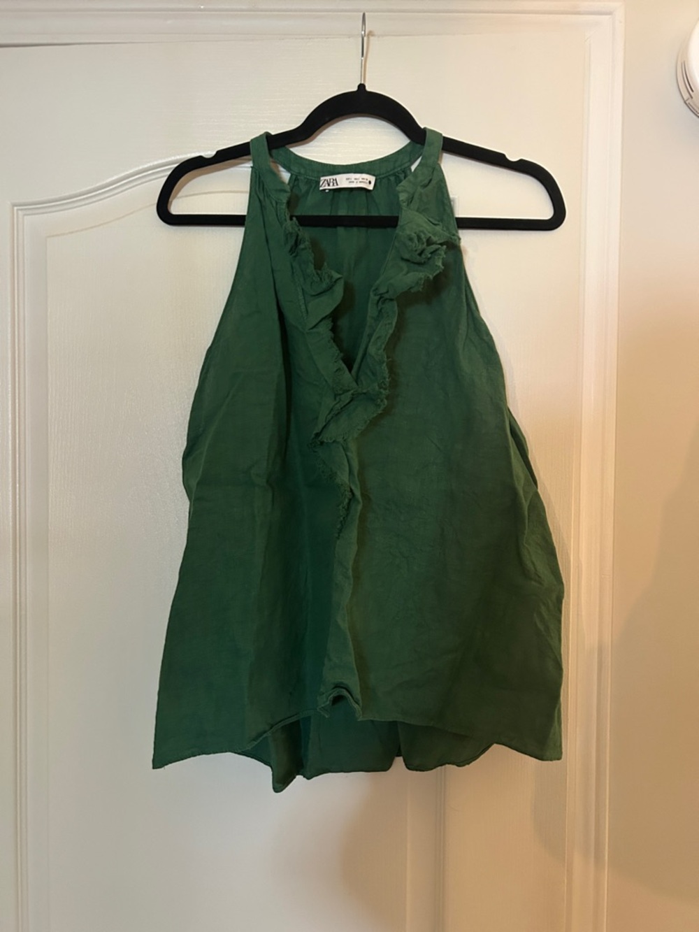 Zara Emerald Green 100% Linen Ruffle Halter Camisole